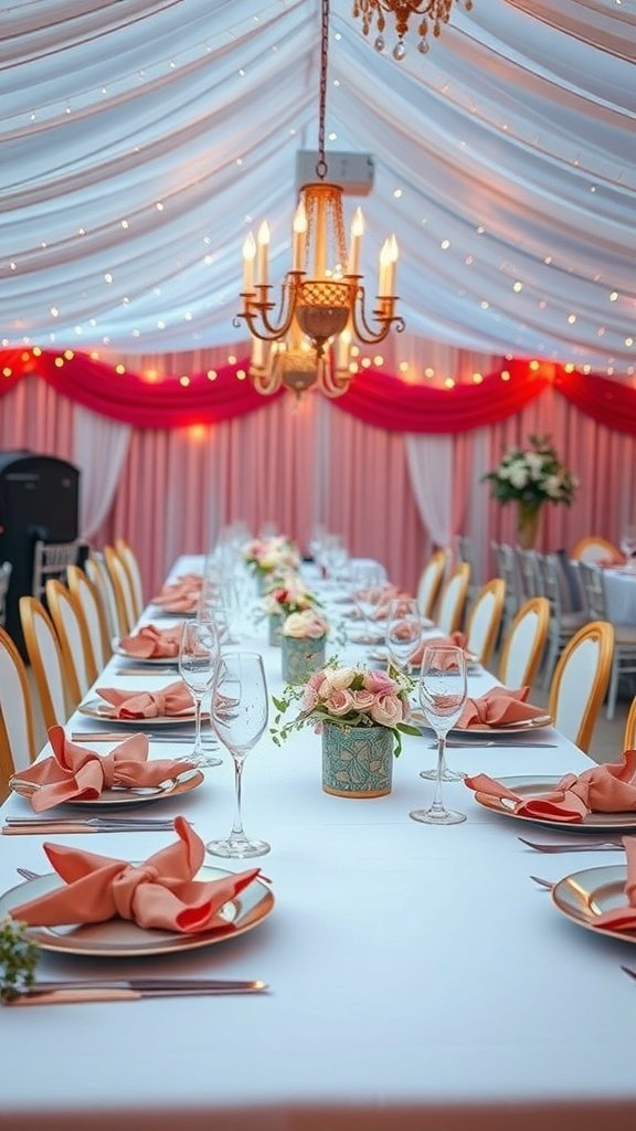 Elegant wedding table setting with pink and white decor, floral centerpieces, and a chandelier.