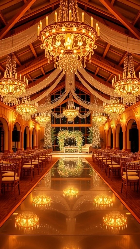 Elegant wedding venue with chandeliers and soft lighting