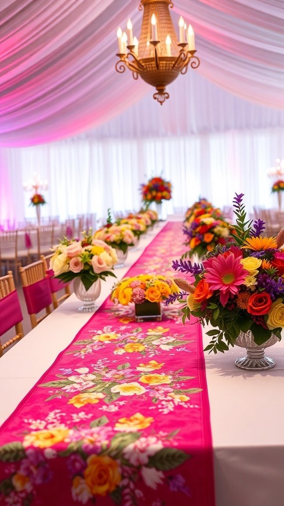 A vibrant pink table runner with floral designs on a wedding table, surrounded by colorful flower arrangements.