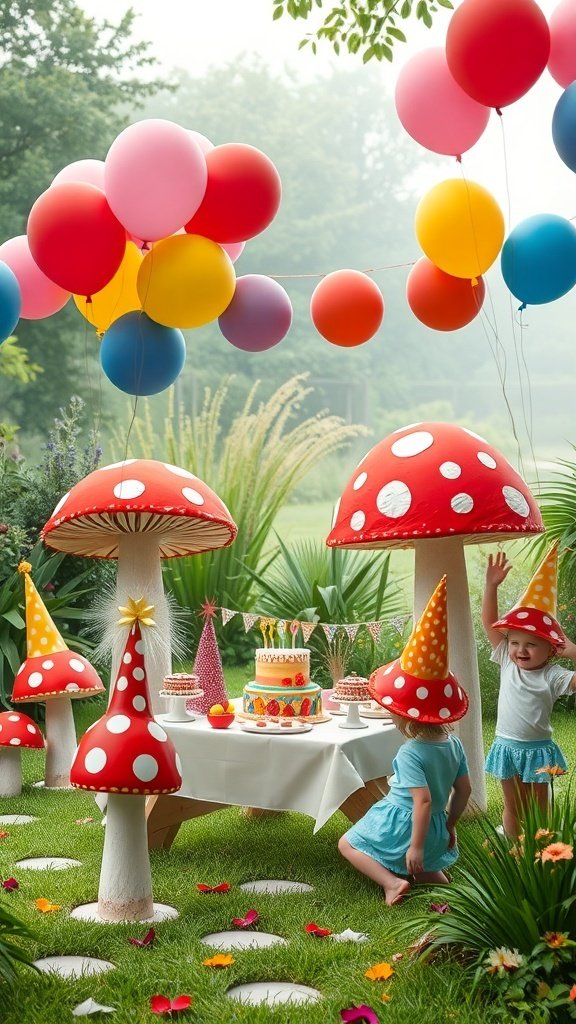 A whimsical toadstool birthday party setup with colorful balloons, mushroom decorations, and a cake. Creative Birthday Party Ideas