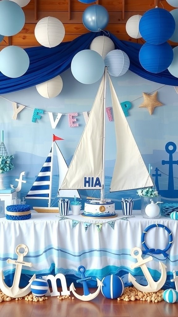 A beautifully decorated sailboat birthday party setup with blue and white colors, featuring a sailboat cake and nautical decorations.