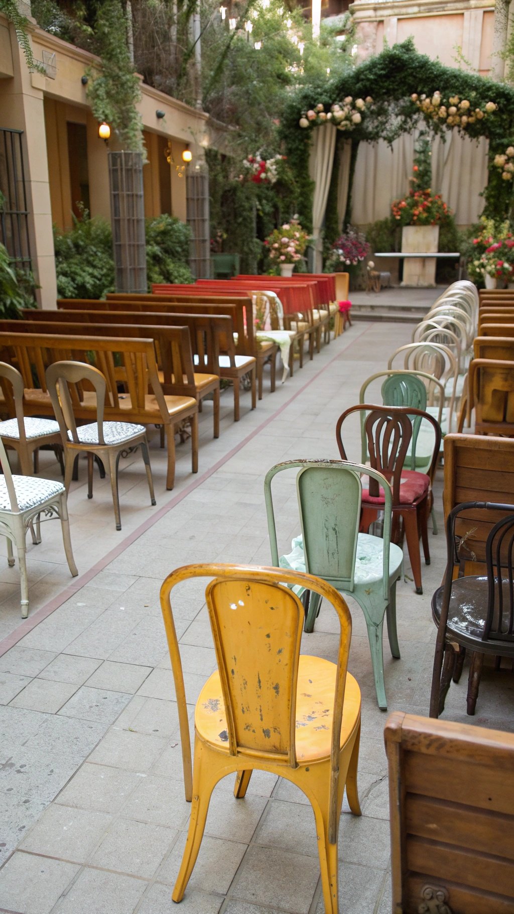 A creative seating arrangement with red and white chairs for a wedding ceremony.