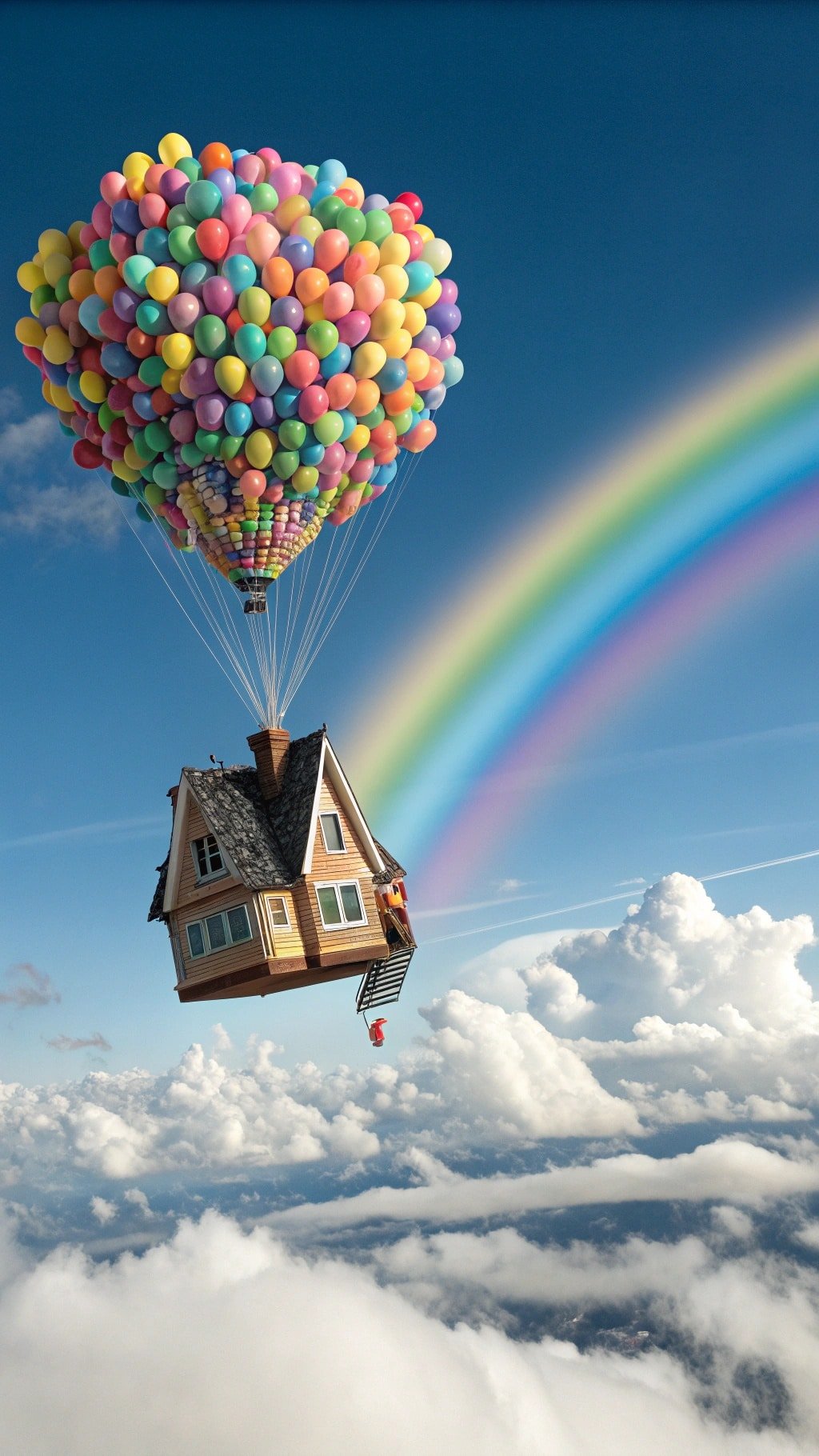 A house floating in the sky, lifted by colorful balloons with a rainbow in the background. Balloon Decoration Ideas