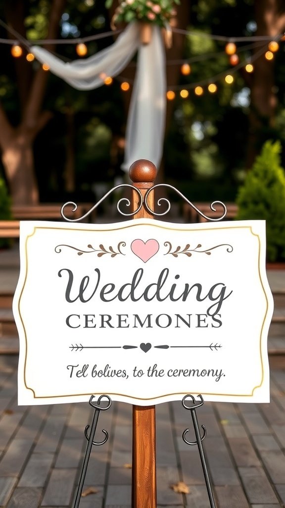 A decorative wedding sign that reads 'Wedding Ceremonies' with a heart and floral accents.
