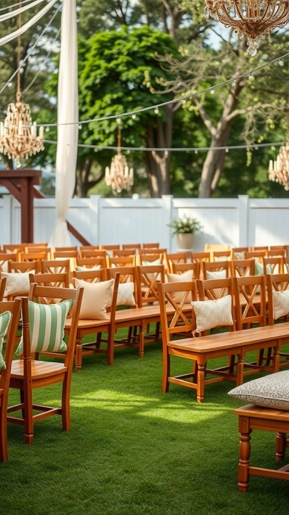 Outdoor wedding seating with wooden chairs and cushions on green grass
