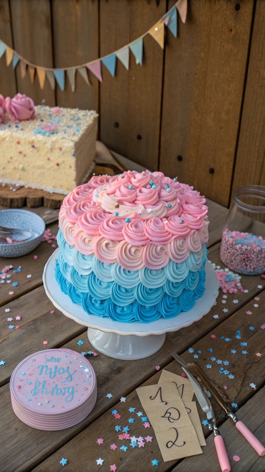 A beautifully decorated gender reveal cake with pink and blue frosting, surrounded by festive decorations.