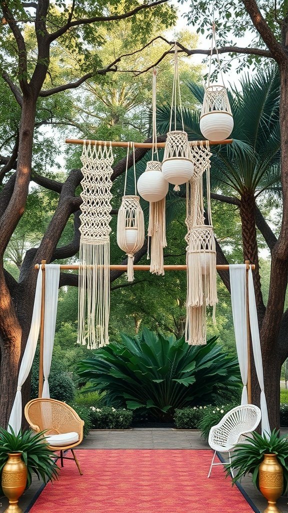 A bohemian wedding setup featuring macramé decorations, hanging planters, and stylish seating.