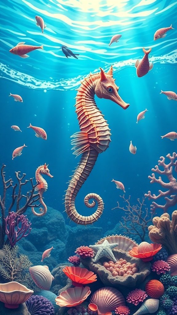 Underwater scene with seahorses and colorful marine life.