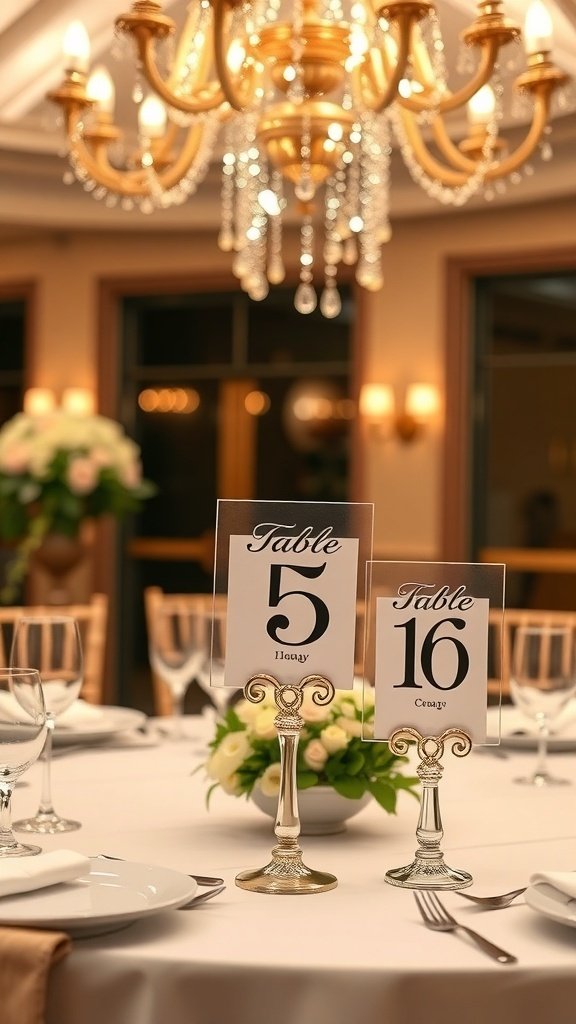 Elegant table numbers on a beautifully set wedding table