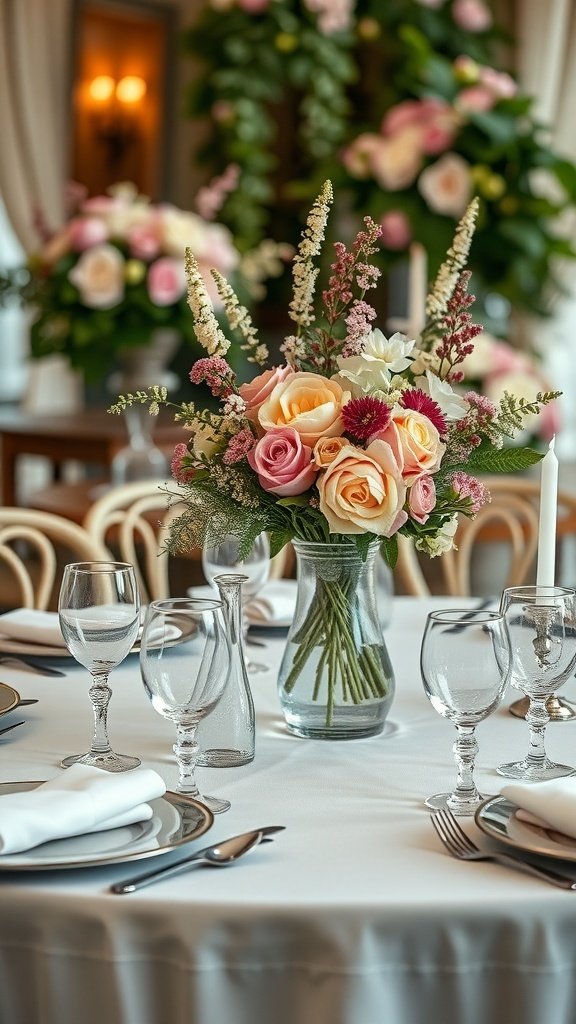A beautifully set table with vintage glassware and floral arrangements.
