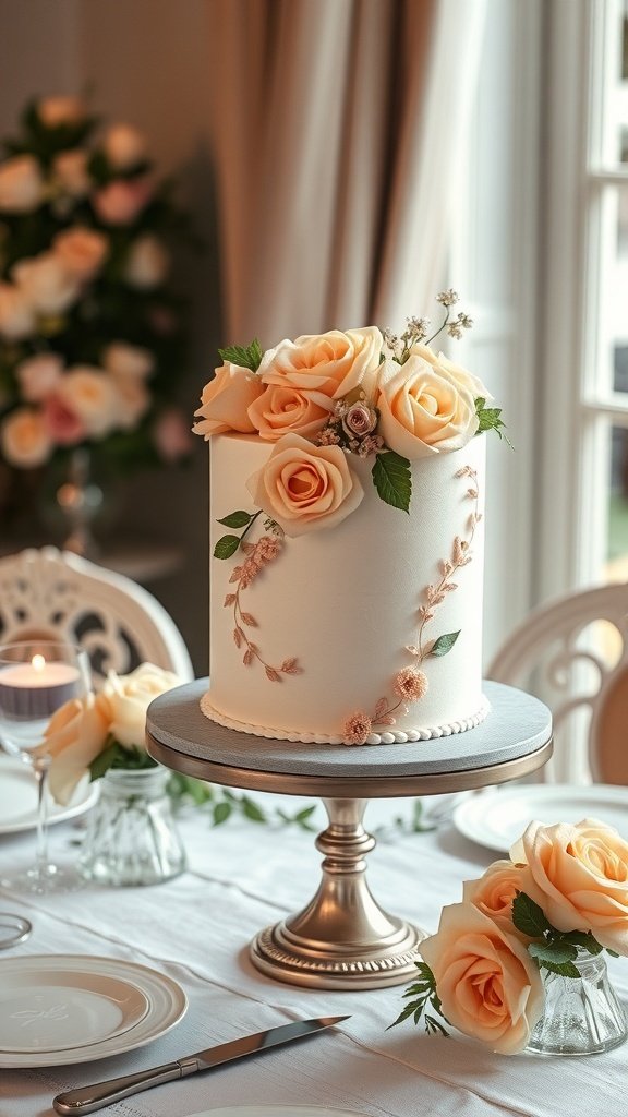 A beautifully decorated wedding anniversary cake with peach roses and floral accents.