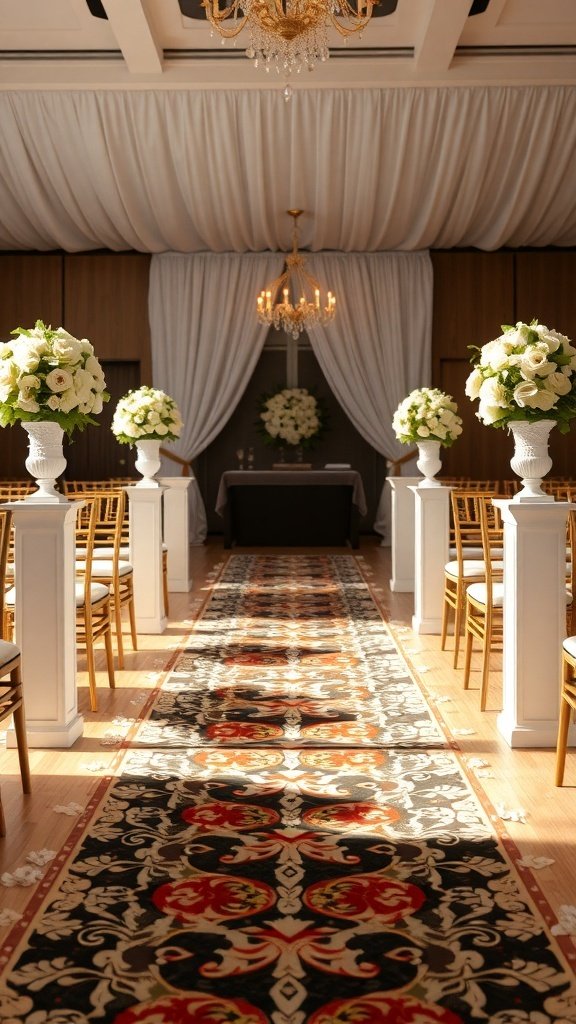 A beautifully decorated wedding aisle with a patterned runner and floral arrangements.