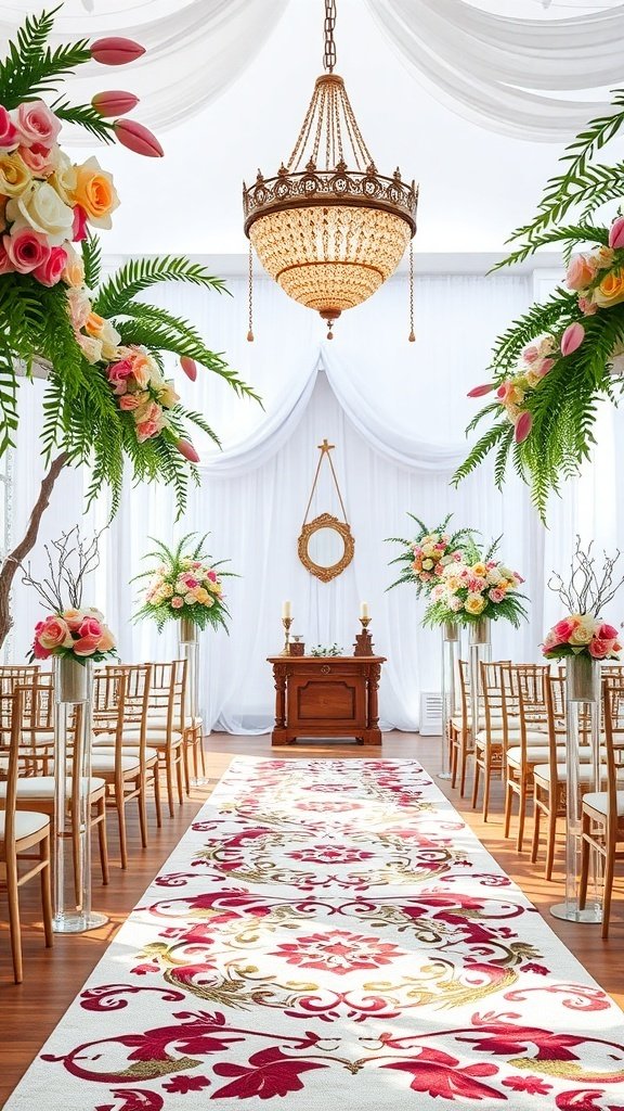 A beautifully decorated wedding ceremony space with floral arrangements, a chandelier, and an elegant aisle runner.