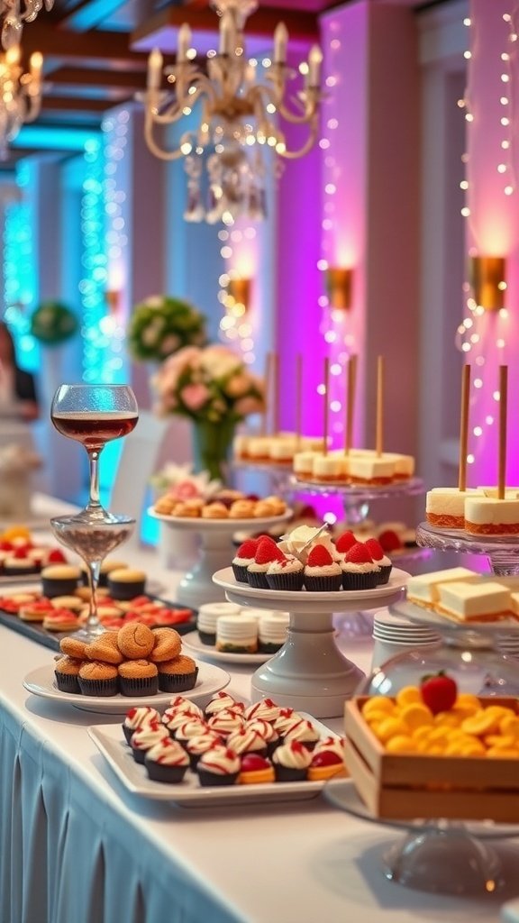 A beautifully arranged dessert station with various sweets, including cupcakes and cheesecakes, set in an elegantly decorated venue.