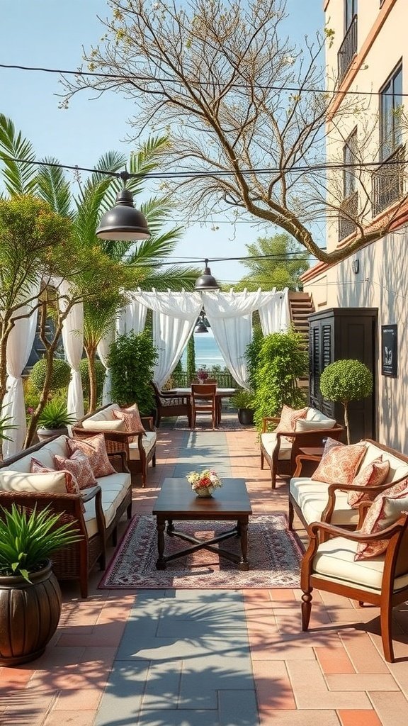 Charming outdoor lounge area with comfortable seating, greenery, and decorative elements.