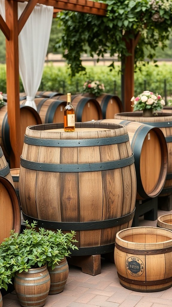 Rustic wine barrel decor with a bottle of wine on top and surrounding greenery.