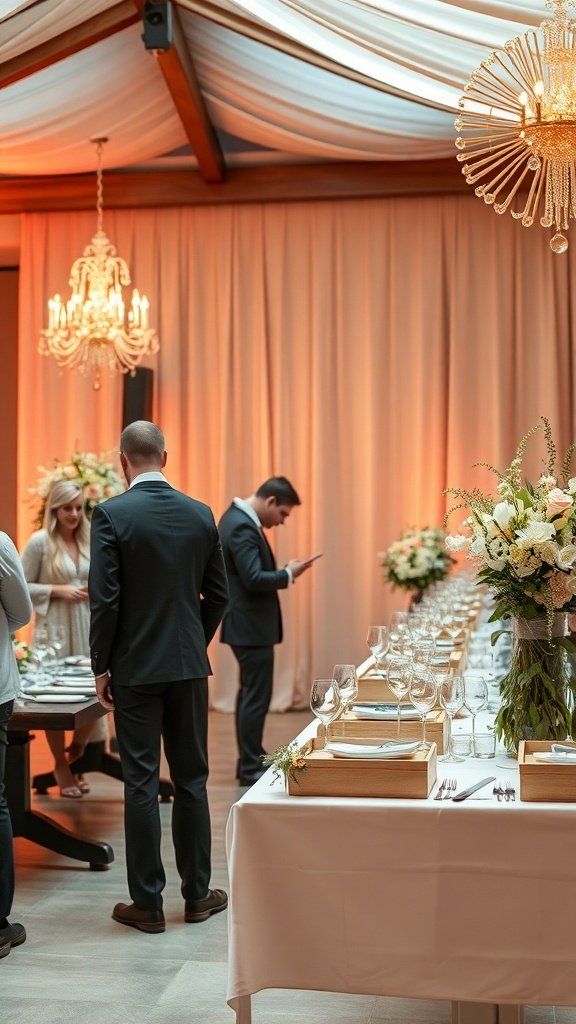 Elegant wedding venue with beautifully set tables and soft lighting.