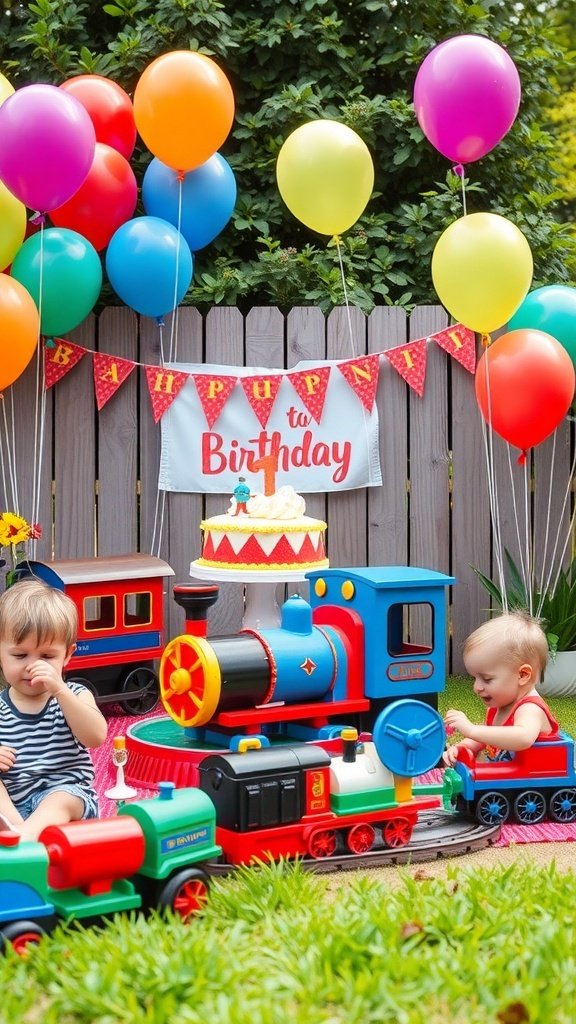 Colorful train-themed birthday party setup with balloons and kids playing