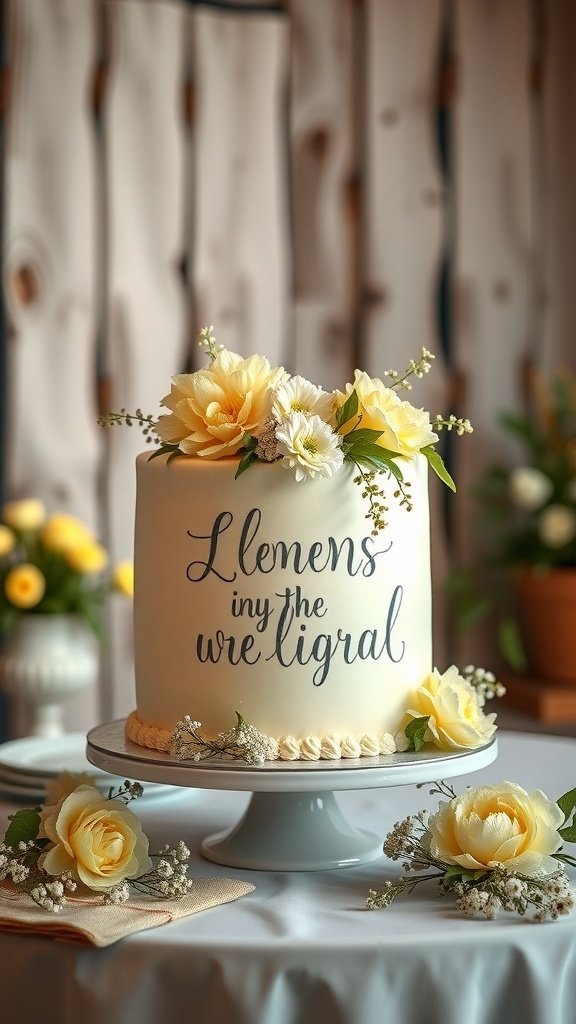 A beautifully decorated Lemon Elderflower Wedding Cake with yellow flowers on top.