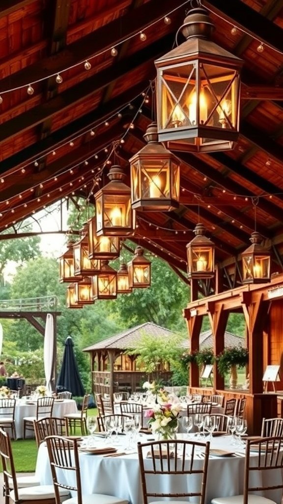 Rustic lanterns hanging in a wedding venue with tables set for a reception