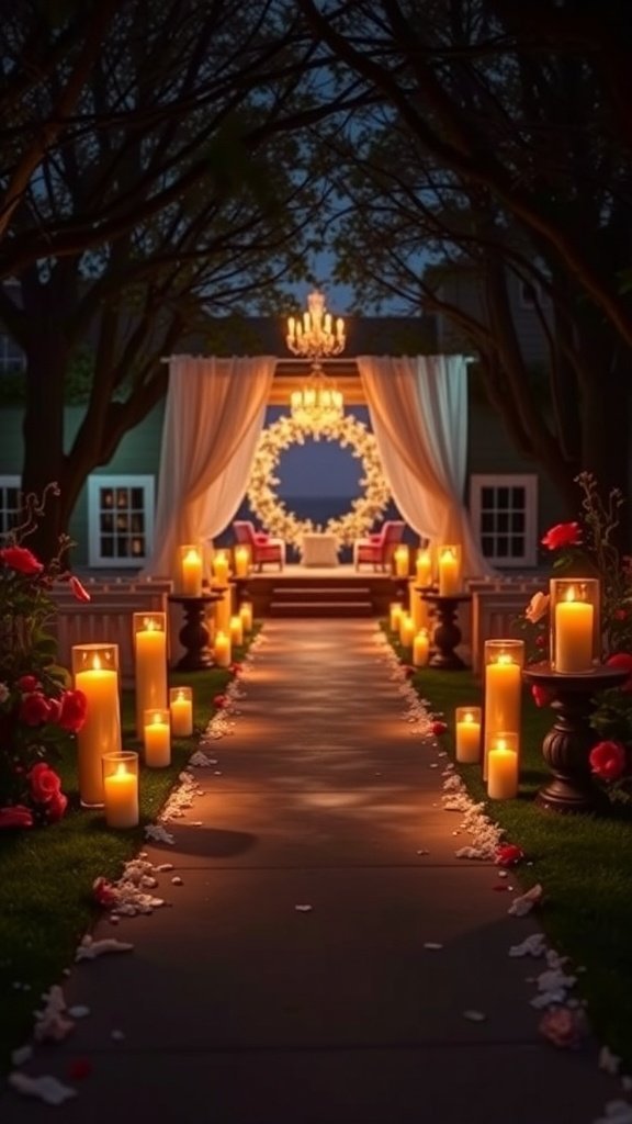 A beautifully lit pathway with candles and floral decorations leading to a wedding setup.