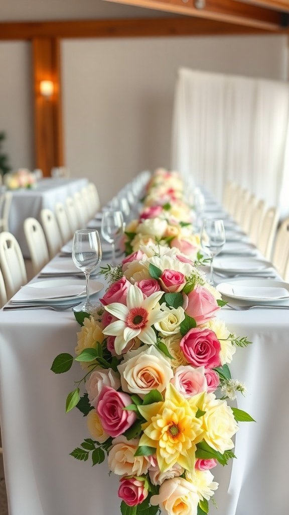 A long table elegantly decorated with a floral table runner featuring pink, yellow, and white flowers.