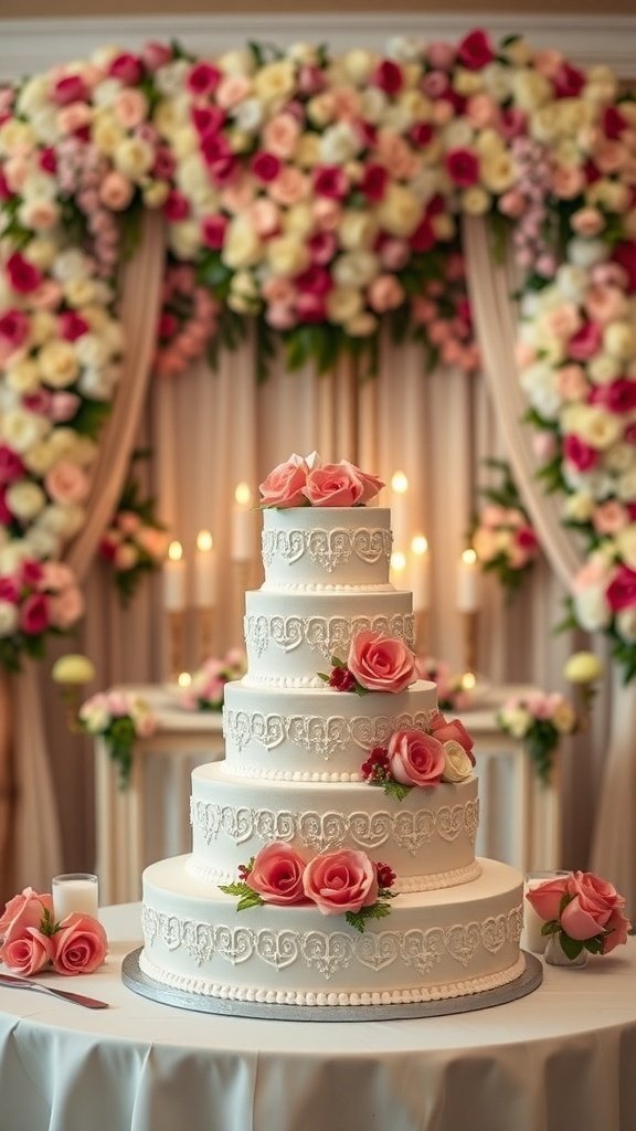 A beautifully decorated wedding cake with pink roses, set against a floral backdrop.