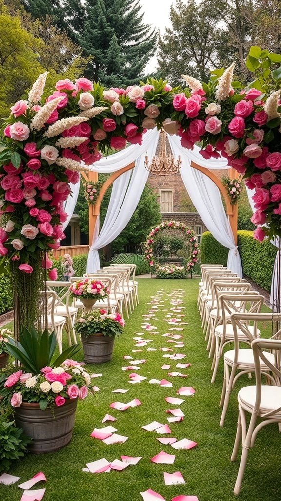 A beautiful garden wedding setup featuring an arch decorated with pink roses, white drapery, and a chandelier, with chairs arranged along a petal-strewn aisle.