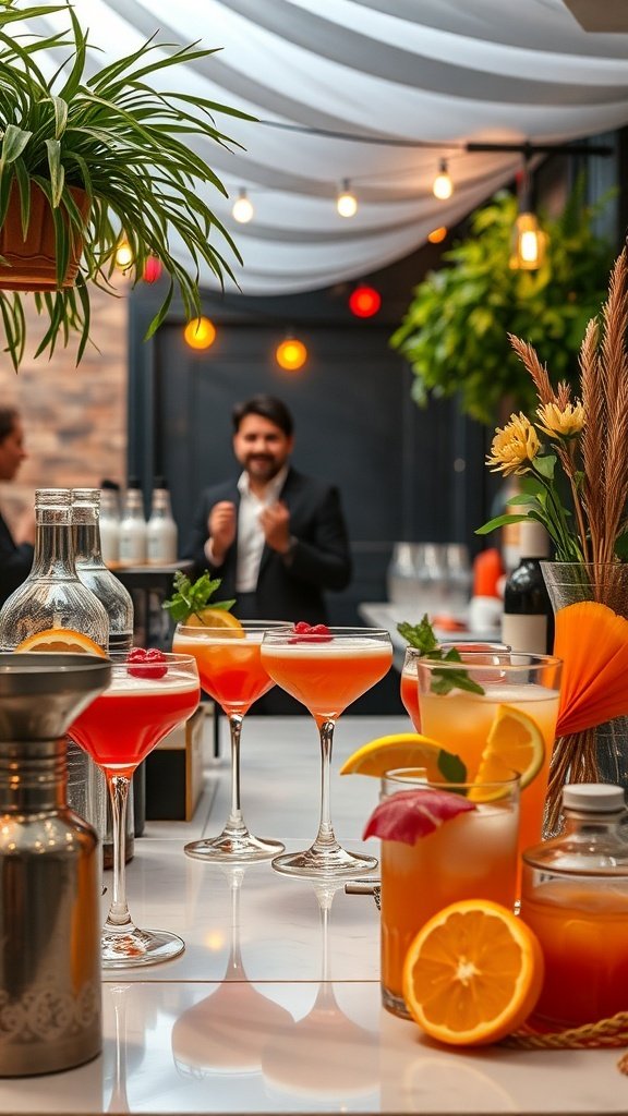 A beautifully arranged cocktail station with colorful drinks, garnished with fruits and herbs, set in a stylish venue.