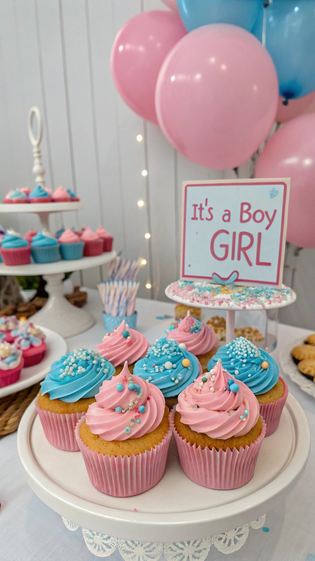 Colorful gender reveal cupcakes with pink and blue frosting and decorations