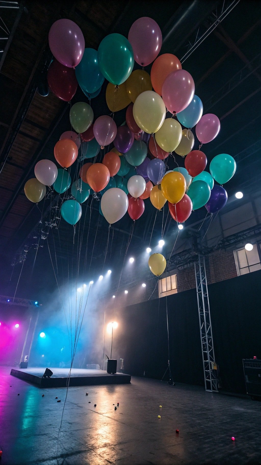 Colorful balloons floating above a stage with lights and a dark background.