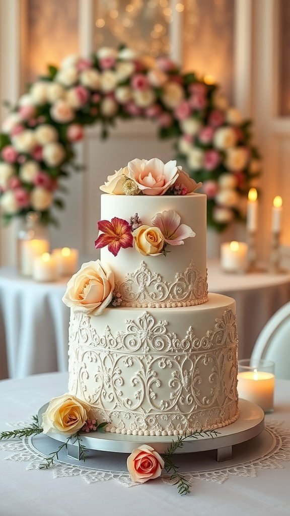A beautifully decorated two-tier wedding cake with floral accents and intricate designs.