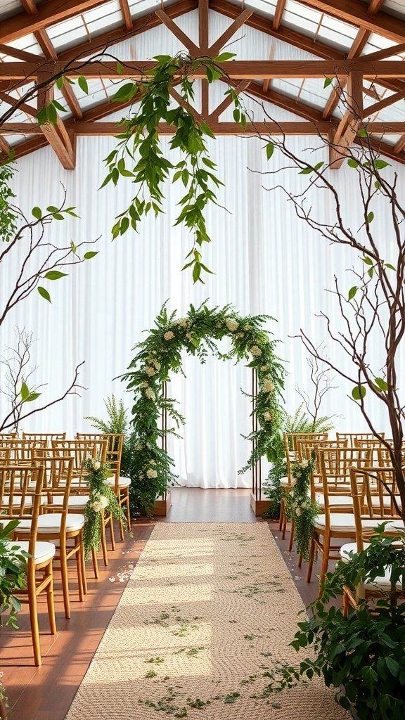 A wedding ceremony setup featuring an arch of greenery, wooden chairs, and a natural rug.