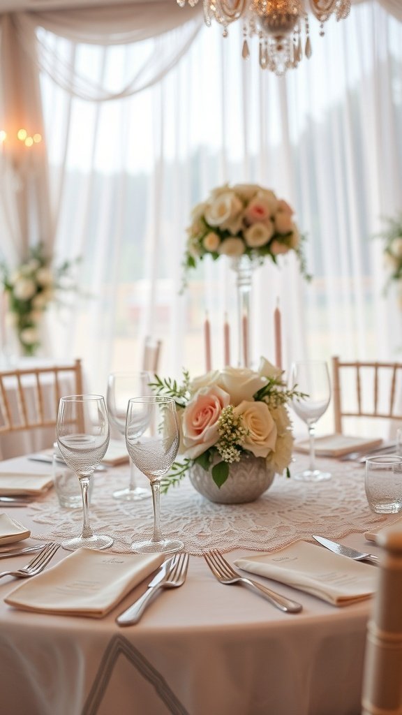 A beautifully set wedding table featuring a delicate lace tablecloth, floral arrangements, and elegant glassware.