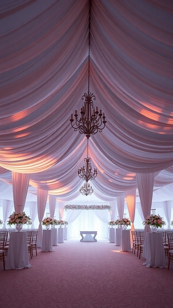 A beautifully draped fabric canopy with chandeliers, creating an elegant wedding decor.