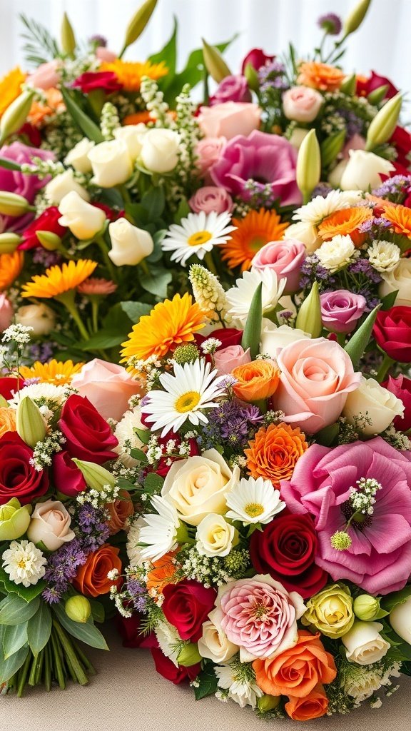 A collection of colorful seasonal flower bouquets featuring roses, daisies, and gerbera daisies.