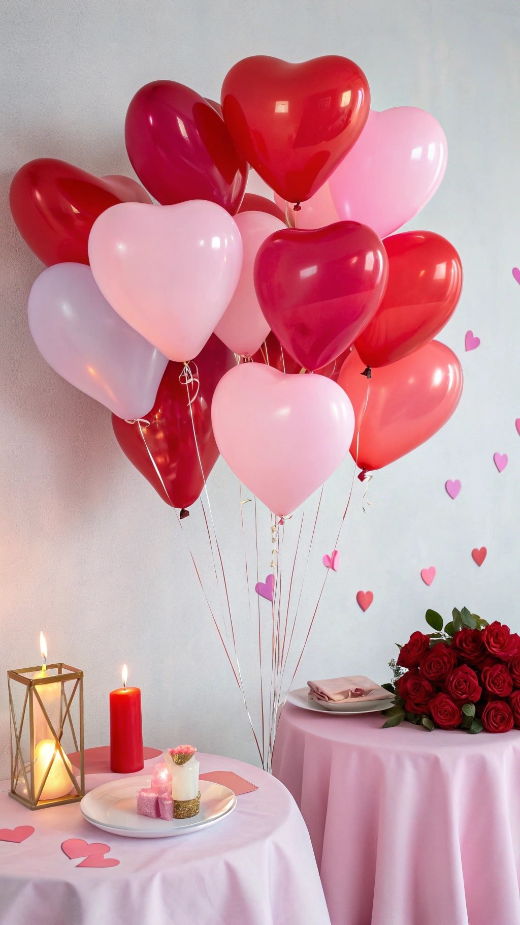 A cluster of heart-shaped balloons in red, pink, and lavender colors, with candles and roses on tables.