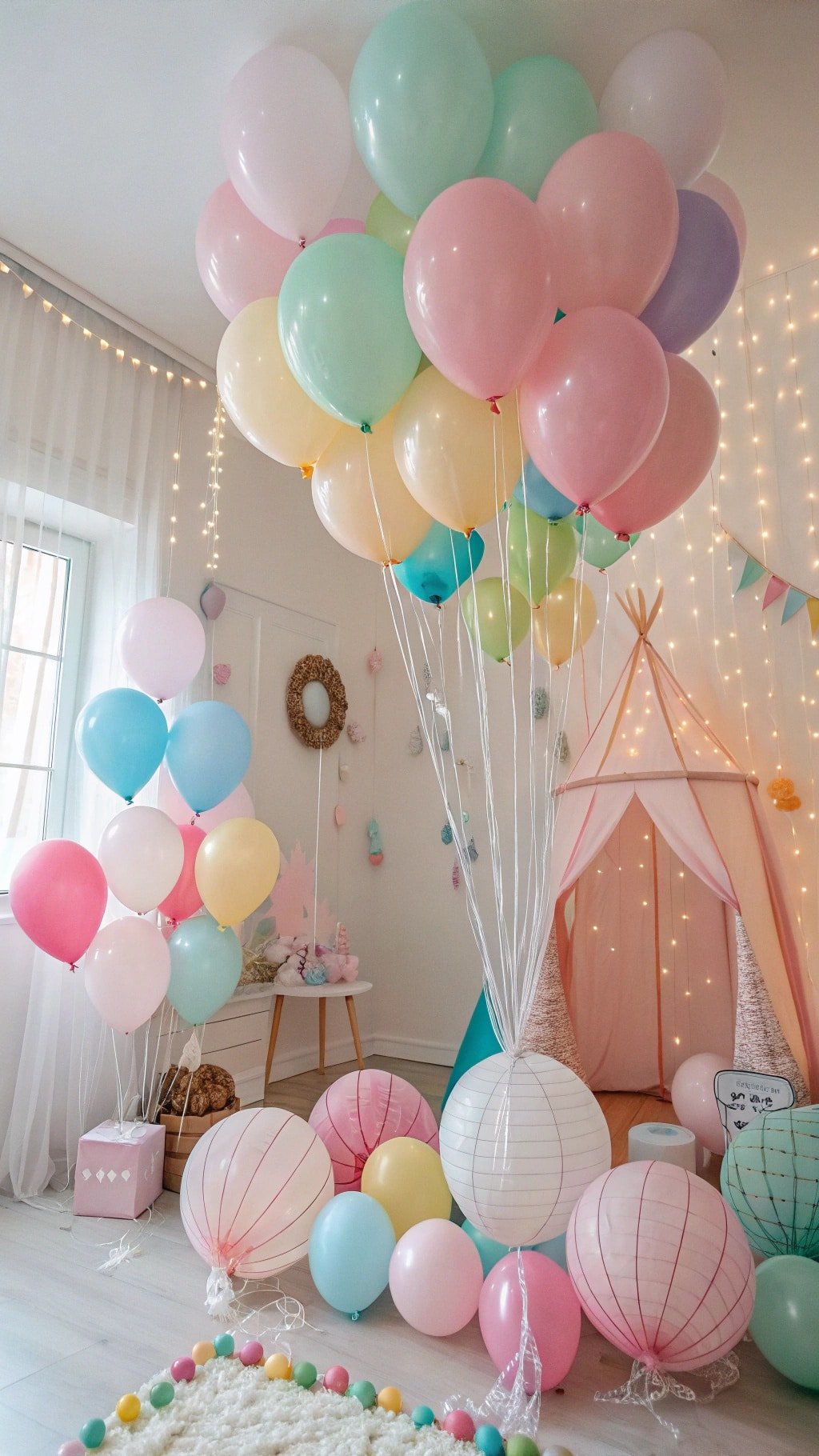 A room decorated with colorful balloons and soft lighting, creating a cheerful atmosphere.