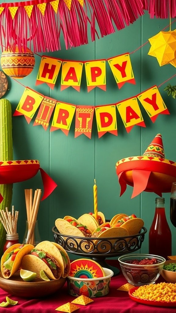 A colorful taco birthday party setup with tacos, decorations, and a birthday banner.
