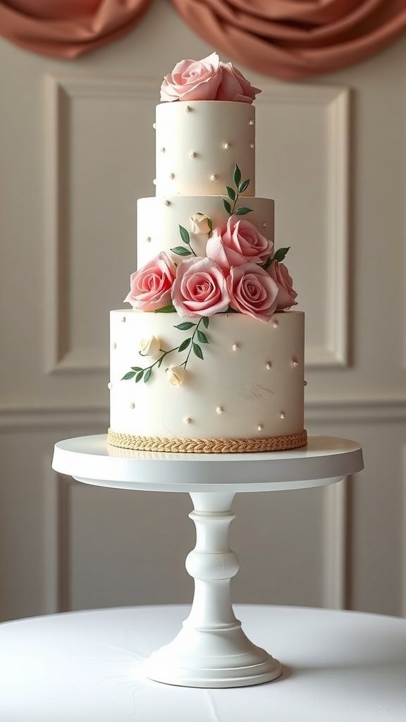 A three-tier wedding cake decorated with pink roses on a white cake stand.
