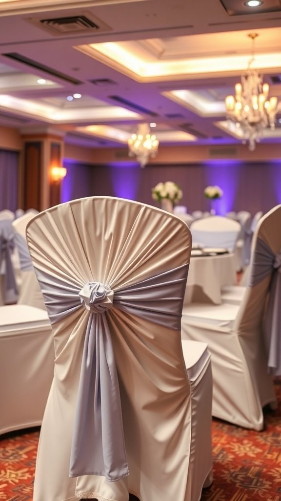 Elegant chair covers with a light color and ribbon, enhancing wedding decor.