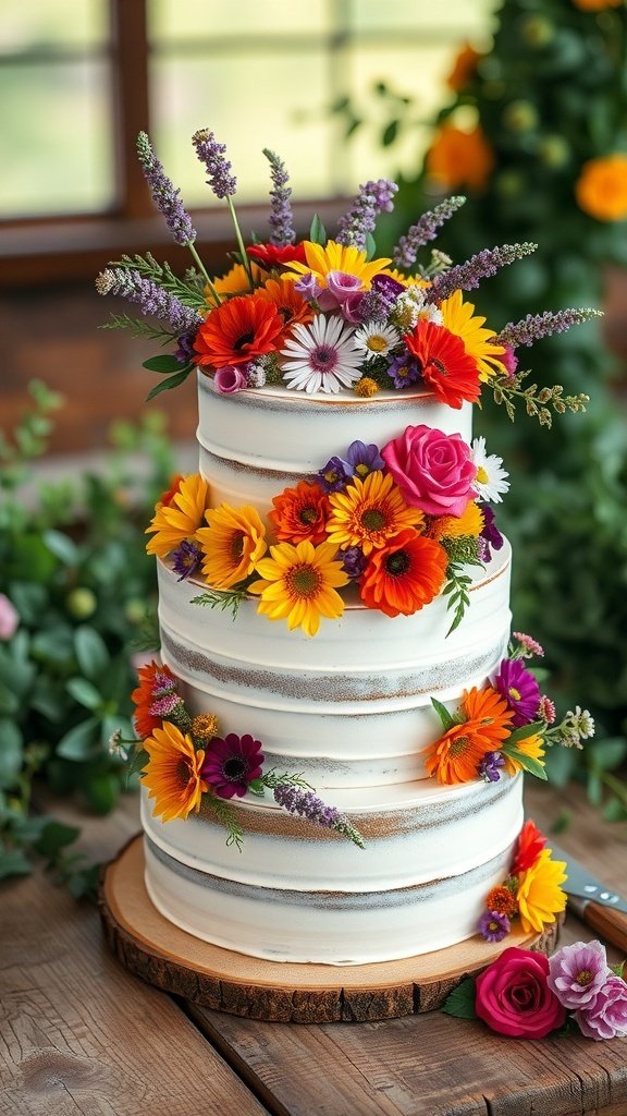A three-tiered Wildflower Wedding Cake decorated with colorful flowers.