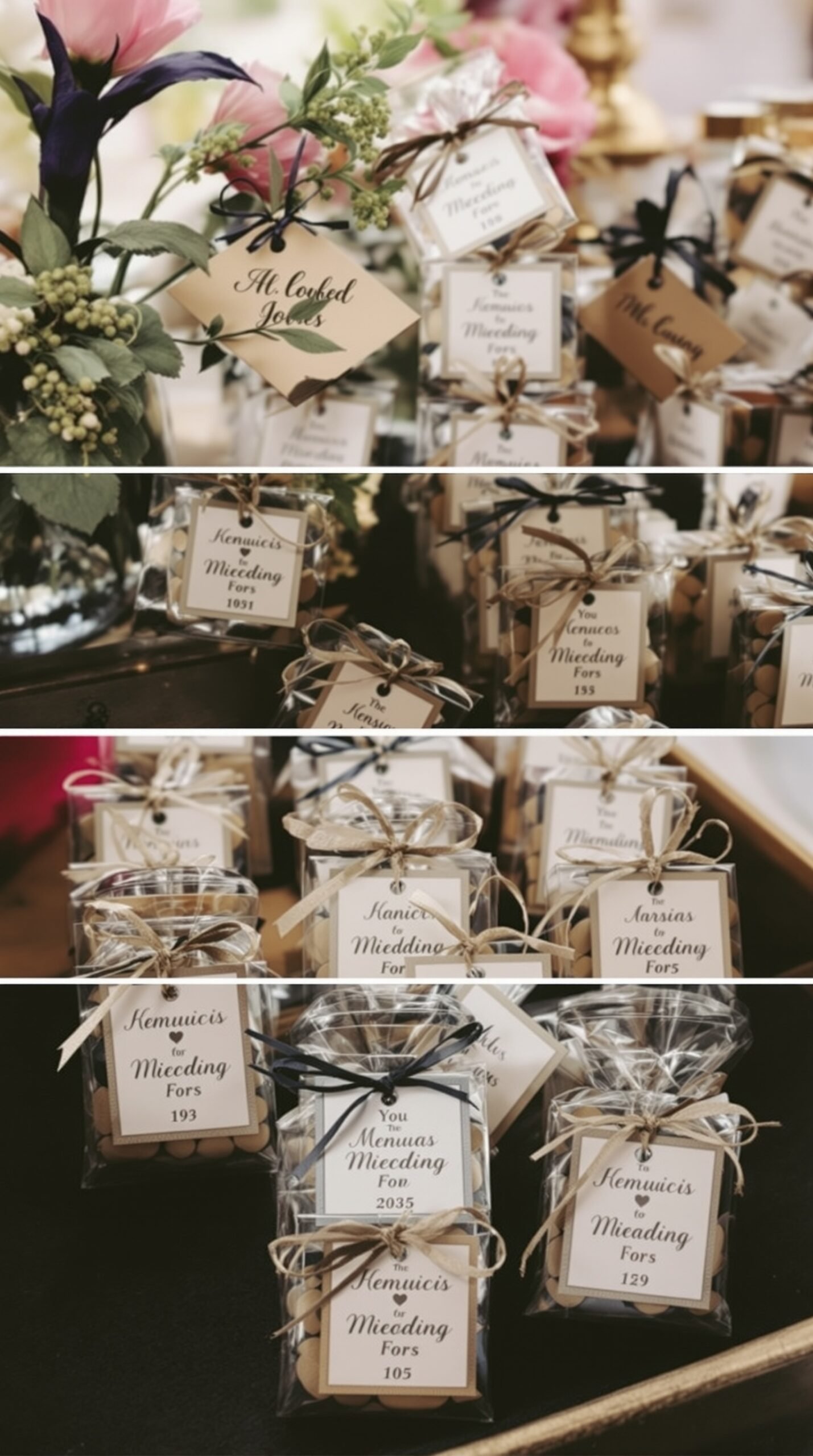 Personalized wedding favors with names on them, beautifully arranged on a table with warm lighting in the background.