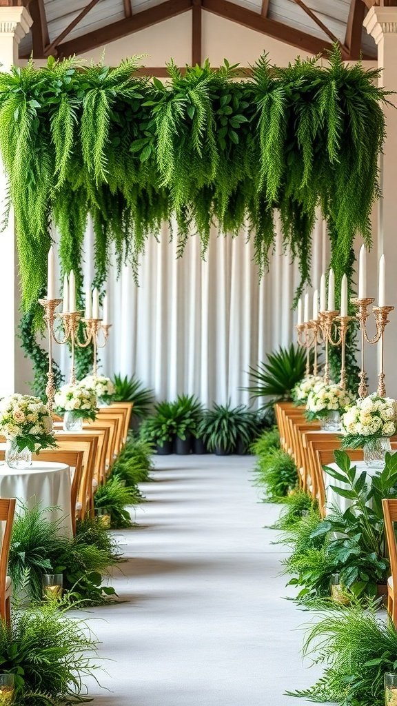A wedding ceremony setup featuring lush greenery accents, with ferns and plants lining the aisle and overhead greenery framing the space.