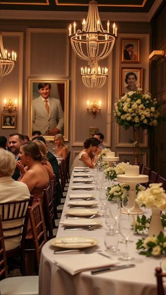 Elegant wedding reception with vintage photo frames, chandeliers, and floral arrangements.