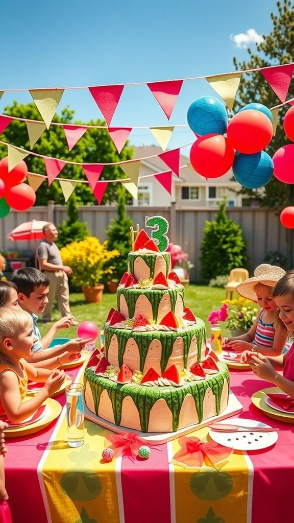 A colorful watermelon-themed birthday party setup with a large cake and decorations.