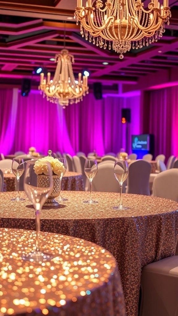Elegant wedding reception with sequin tablecloths and chandeliers