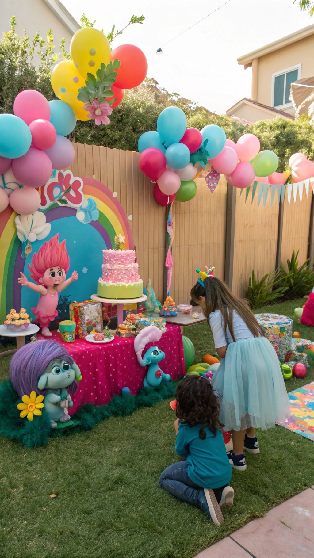 A colorful Trolls themed birthday party setup with balloons, a cake, and Trolls characters.