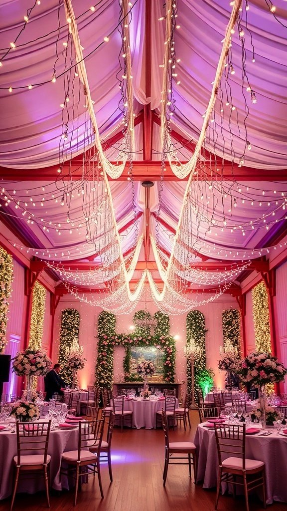 A beautifully decorated wedding venue with fairy lights hanging from the ceiling and floral arrangements on tables.