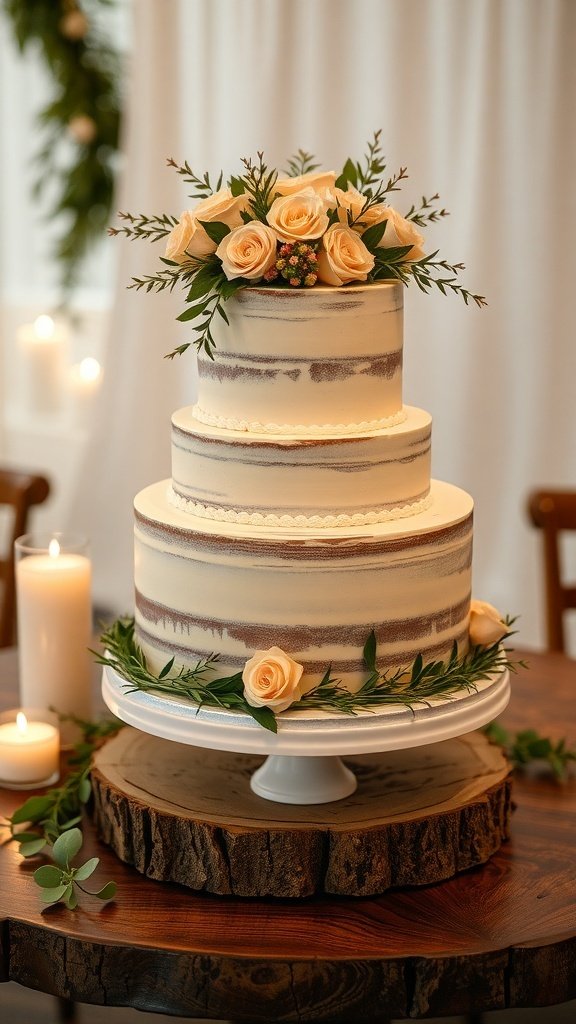 A beautiful rustic wedding cake with roses and greenery on a wooden cake stand.